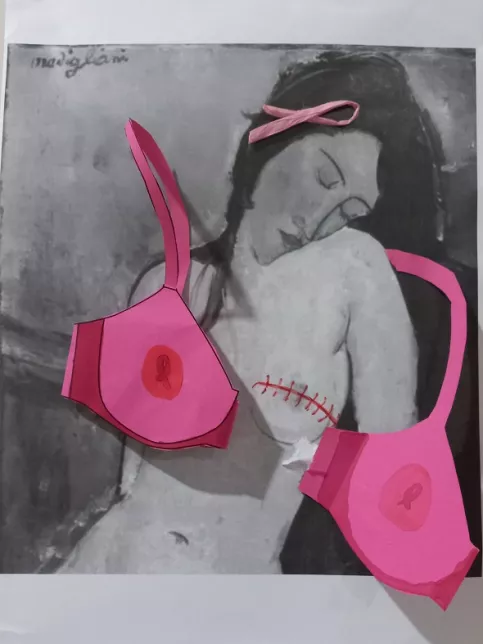 Soutien gorge rose sur gravure représentant un buste