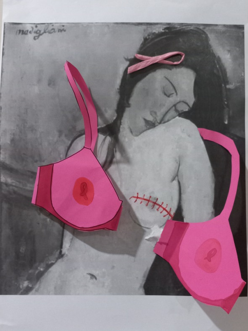 Soutien gorge rose sur gravure représentant un buste